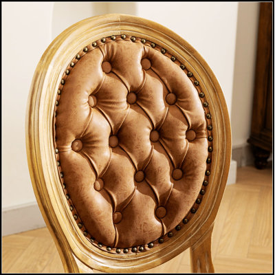 French Style Solid Wood Frame Antique Chair with Hand-pulled Buckle, PU Upholstery for Elegant Dining