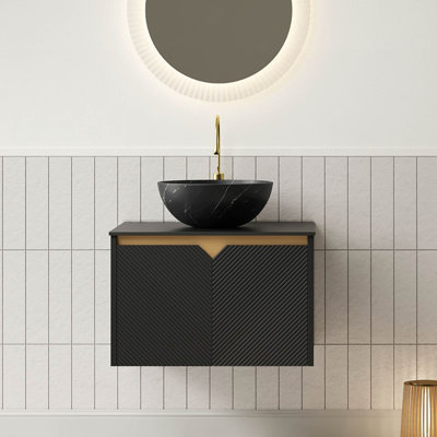 24" Bathroom Vanity & Sink, Wall-Mounted Floating Plywood Storage Cabinet, Twill Double Doors with Metal Trim Bowl Ceramic Vessel Basin with Stone Pattern&Black Sintered Stone Top
