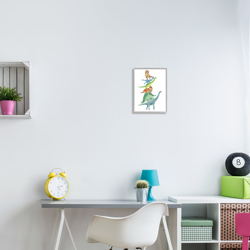 Stacked Dinosaurs Illustration on Gray Framed Canvas