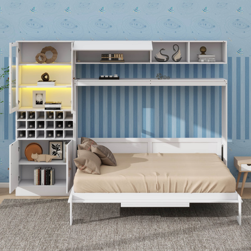 Lit escamotable fixé au mur avec canapé intégré, bibliothèques, charge USB et éclairage, Grand lit, Blanc