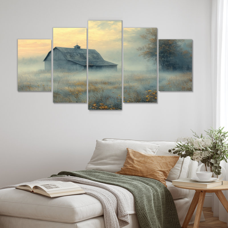 Blue Misty Dawn Farmhouse IV - Ensemble de salon mural art campagnard