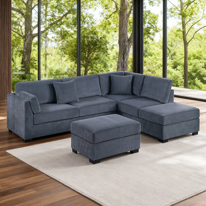 Canapé modulaire réversible 3 pièces avec méridienne et repose-pieds, tissu en velours côtelé, Gris