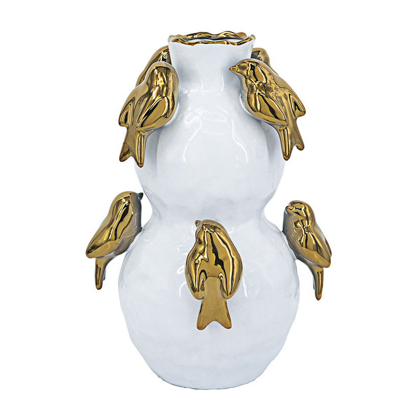 Two-Tiered Ceramic Vase With Gold Bird Accents