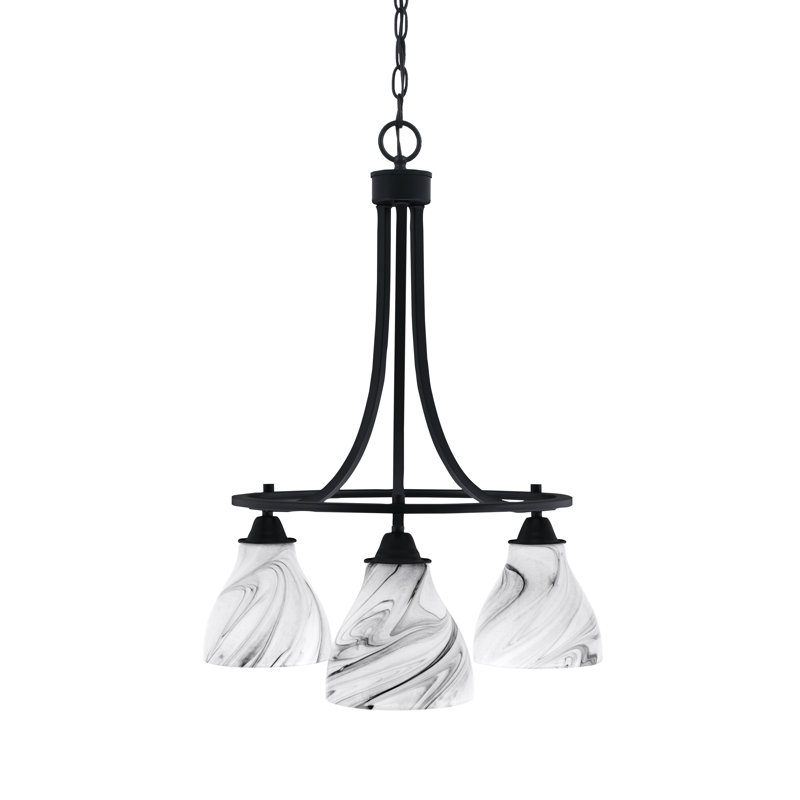 Lustre 3 lumières Paramount illustré en finition noir mat avec verre tourbillon onyx de 6,25 po