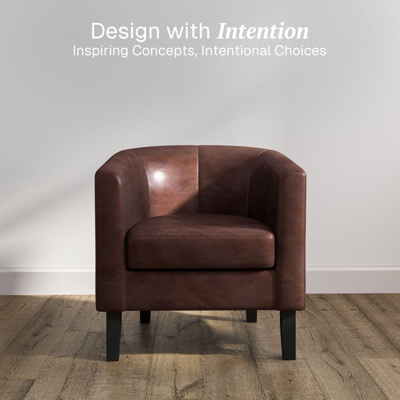 Munson 26.77" Wide Faux Leather Barrel Chair, Caramel Faux Leather