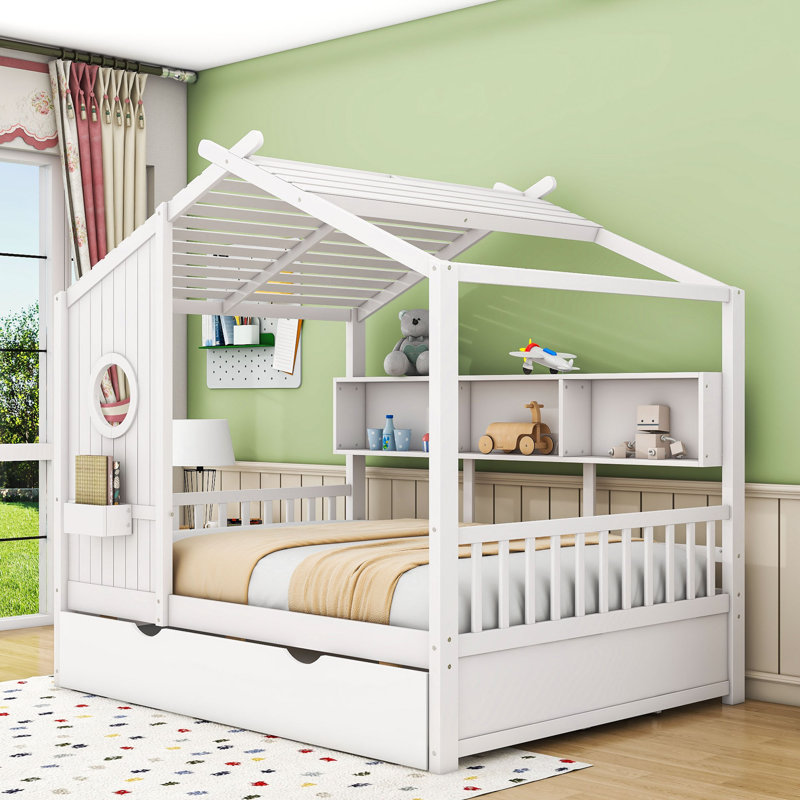 Lit maison avec lit gigogne simple et tablettes de rangement, toit, Double, Blanc