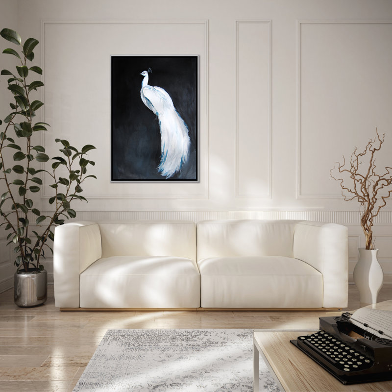 Nature Inspired Alabaster Majesty: White Peacock Against The Night, 40" H x 30" W