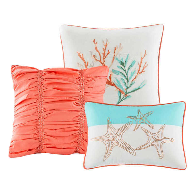 Courtepointe en coton 6 pièces avec coussins décoratifs, taille corail double / grand, coquillages et coraux imprimés, tissu en mélange doux, vermicelle, bord de mer, lavable en machine double / grand, literie brodée Starfish
