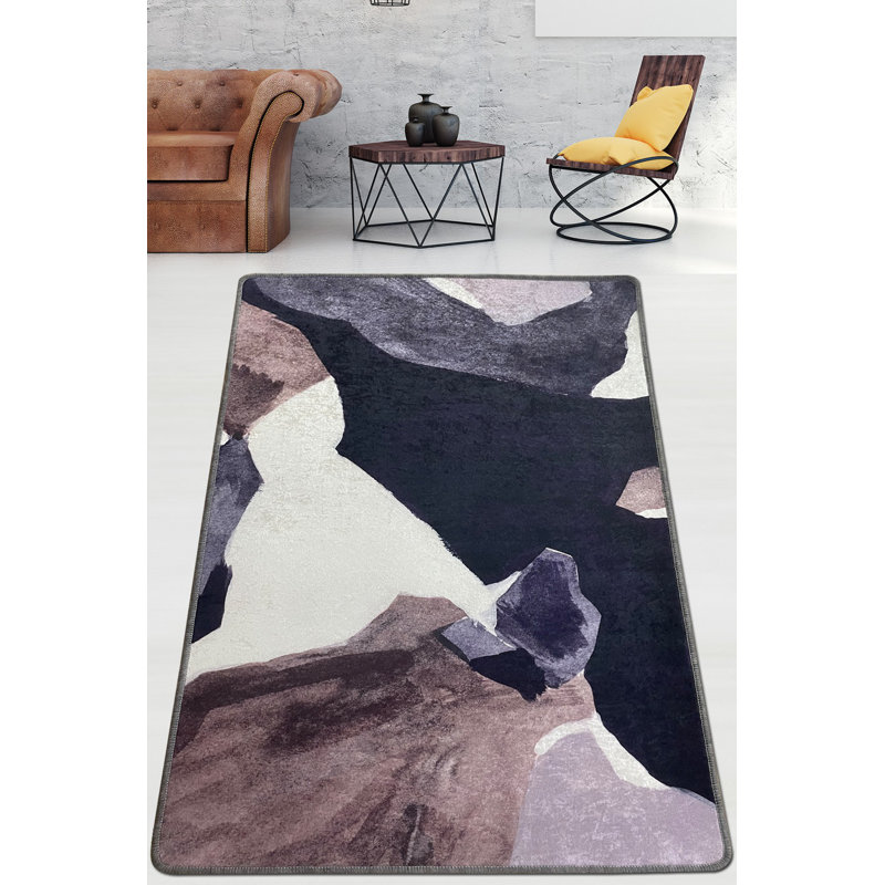 Tapis rectangulaire bleu marine / brun tissé à la machine, Rectangle 4 pi 11 po x 6 pi 7 po