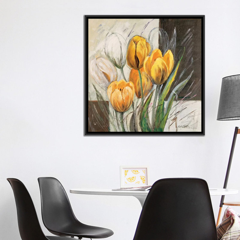 « yellow tulipes », impression sur toile, H 18 po x l 18 po x P 1,5 po, Toile avec cadre noir, Pas de tapis
