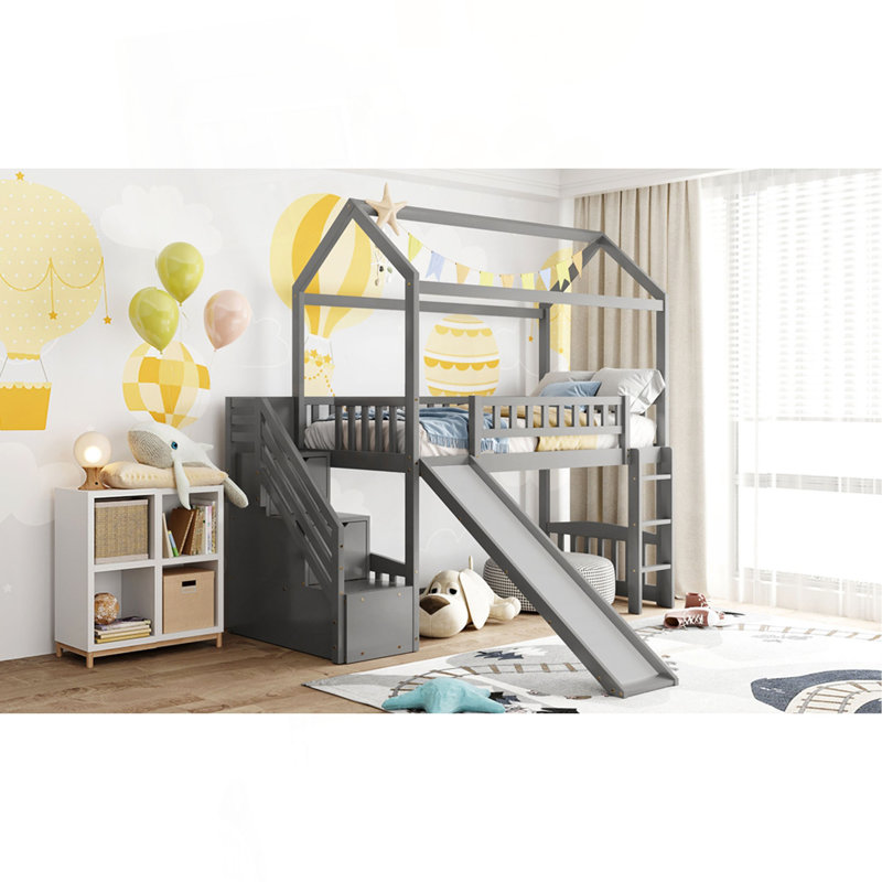 Lit mezzanine simple avec deux tiroirs et glissade, lit maison avec glissade, Gris