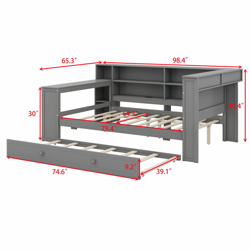 Wood Platform Bed With Storage Shelves, Trundle, Charging Station, LED, Desk And Upholstered Headboard, Greay