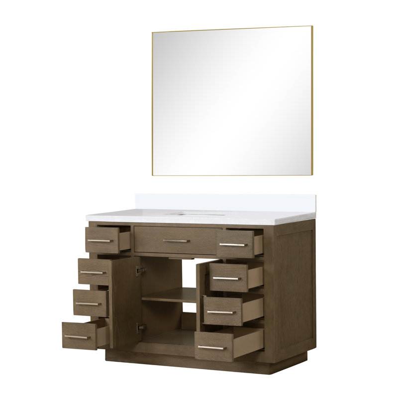 Ensemble de meuble-lavabo simple 48 "avec miroir, Chêne gris, Quartz blanc