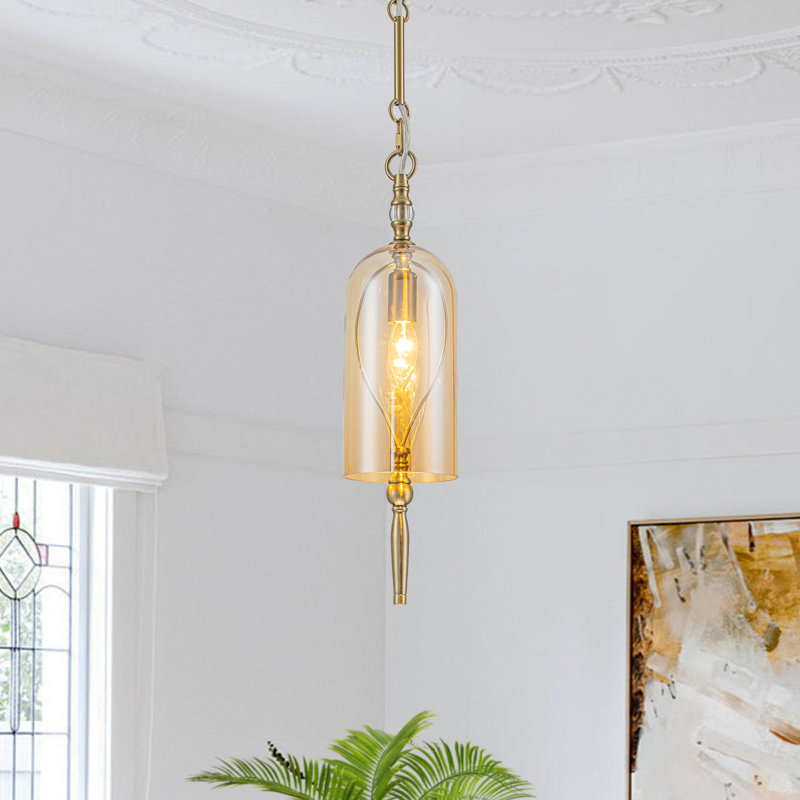 Vintage 1-Light Gold Mini Pendant Light with Amber Glass Shade, 4.7" Bell Shaped Adjustable Height Ceiling Fixture for Kitchen Island Dining Room Entryway, ETL Listed for Sloped Ceiling