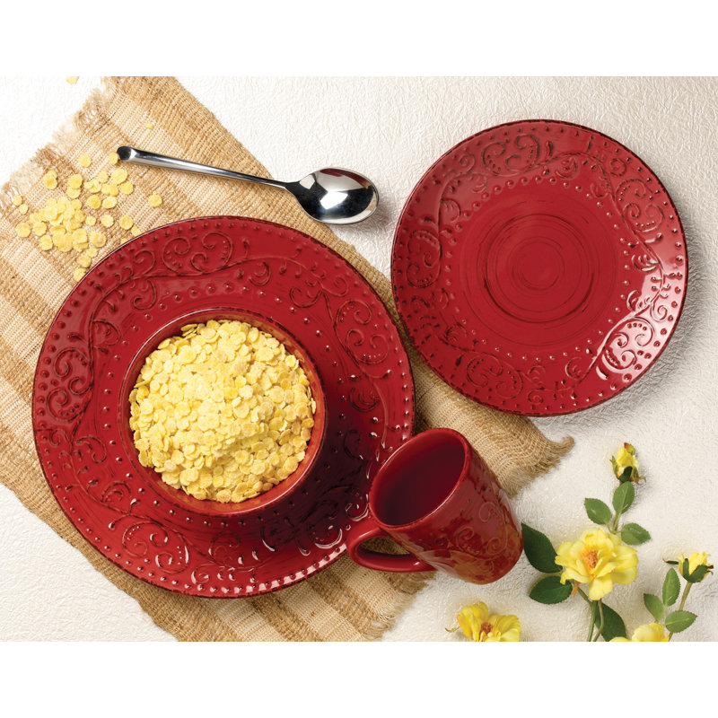 16 Piece Stoneware Dinnerware Set - Service for 4, Red Crimson