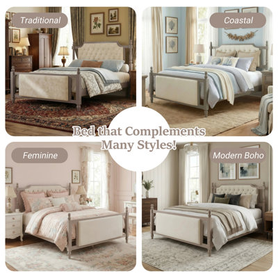 Grand lit plateforme tapissier avec tête de lit capitonnée à boutons, lit de ferme en bois massif avec tête et pied de lit en velours, aucun sommier tapissier requis, style champêtre français moderne pour la chambre à coucher, brun