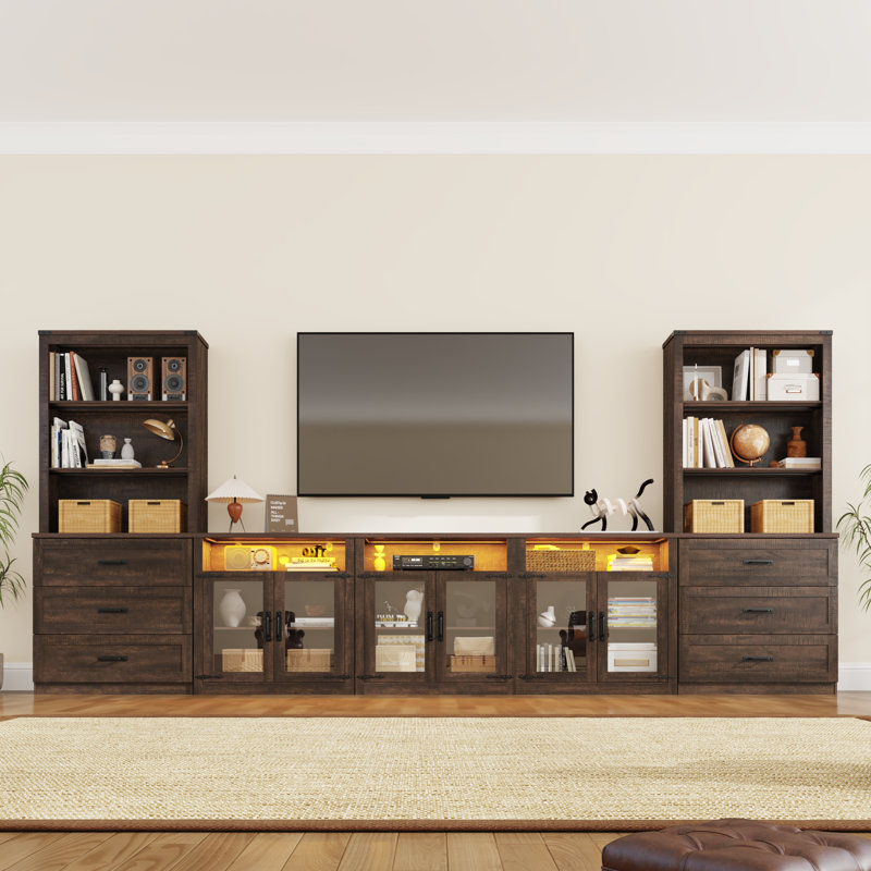 157" Farmhouse Entertainment Center With Bookcases For Tvs Up To 100" – Rustic Wood Wall Unit With Storage Cabinets, Drawers & Open Shelves – Tv Console For Living Room Or Bedroom