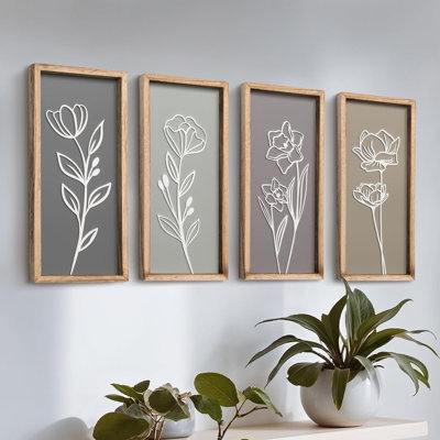 Ensemble de 4 décorations murales florales 3D en bois