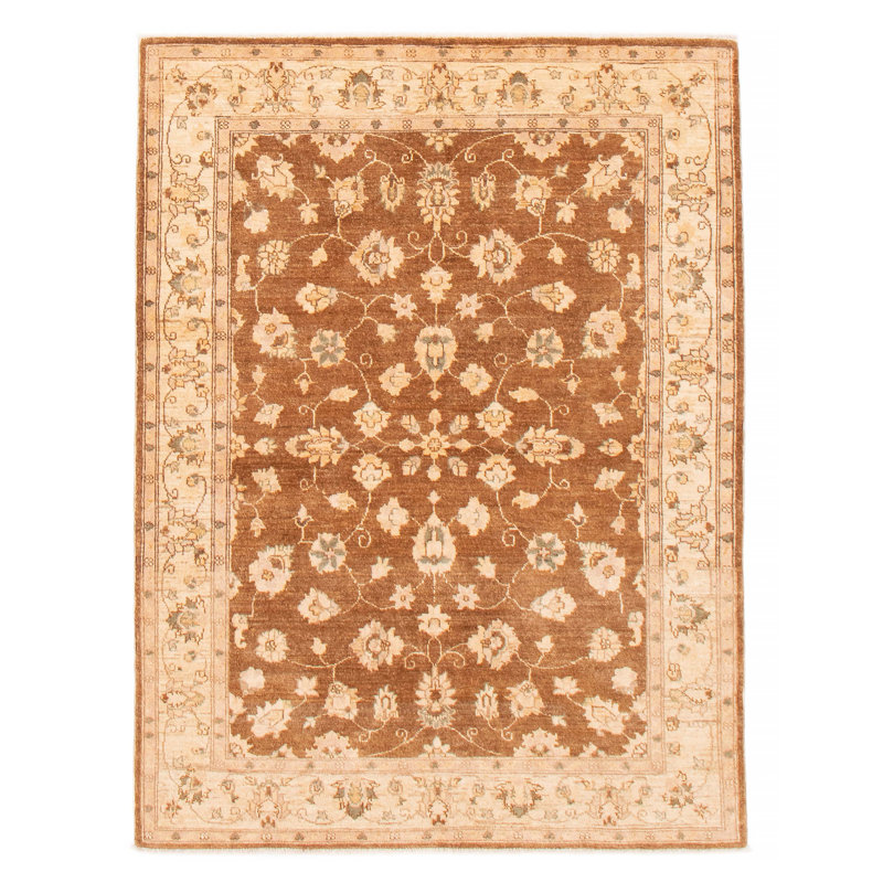 Tapis unique en laine noué à la main 4 pi 9 po x 6 pi 5 po nouvel âge Cybil en beige / brun / crème