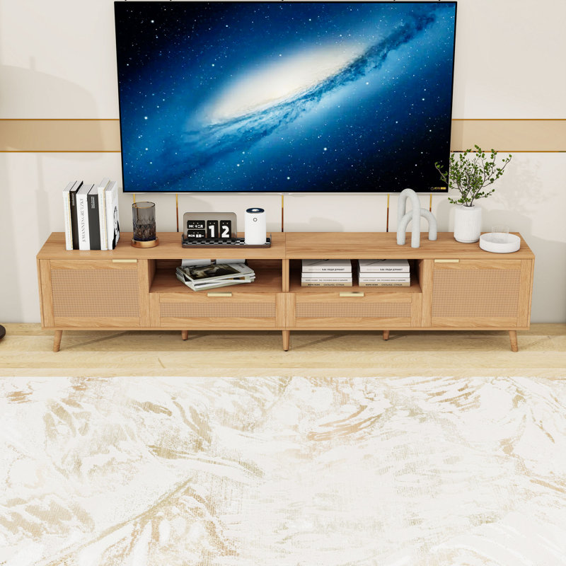 Meuble télé en rotin avec pieds en pin robustes, tiroirs, armoires et tablettes ouvertes