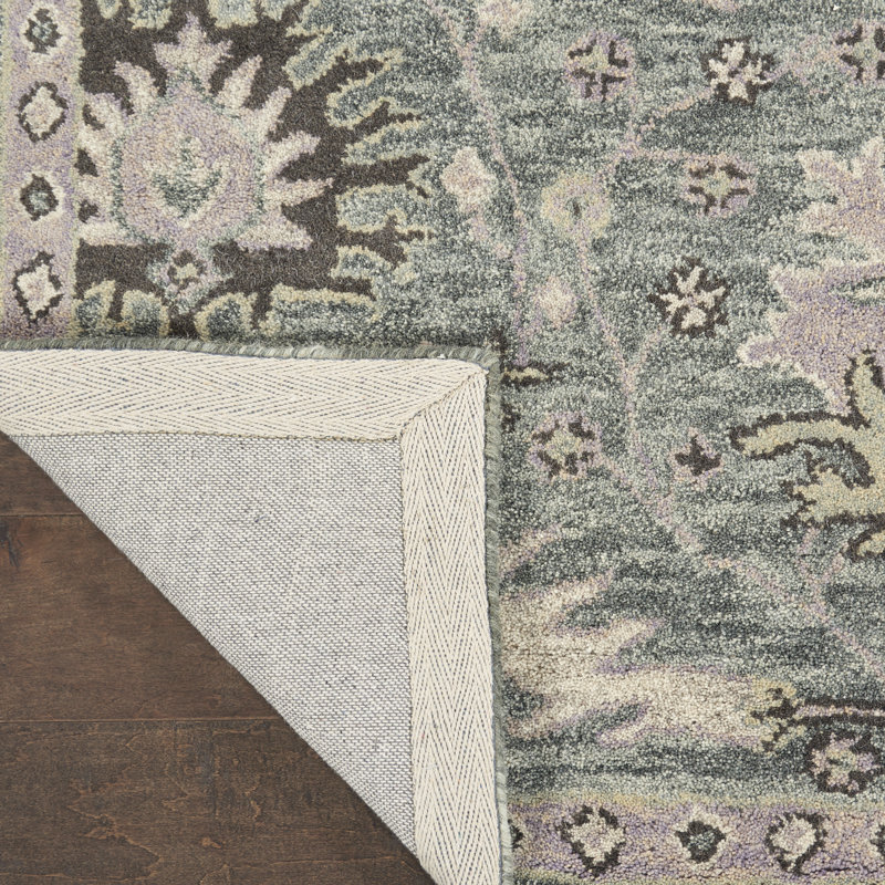 Tapis floral gris en laine touffeté à la main, Rectangle 7 pi 9 po x 9 pi 9 po