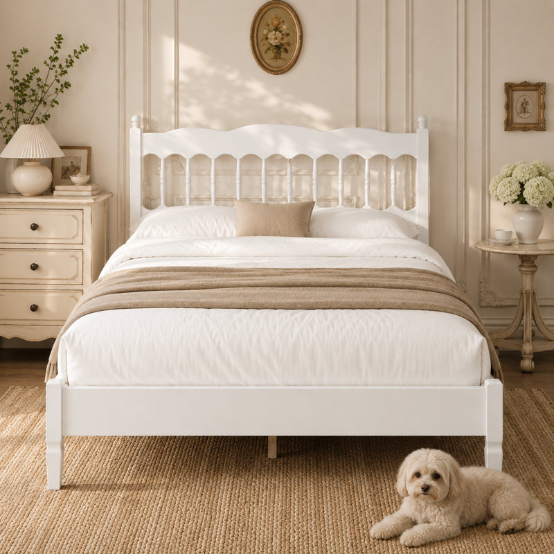 Lit plateforme double en bois avec tête de lit classique Bolton, White