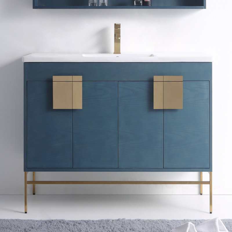 Ensemble de meuble-lavabo simple 48 po Maisie, Bleu français, Laiton satiné
