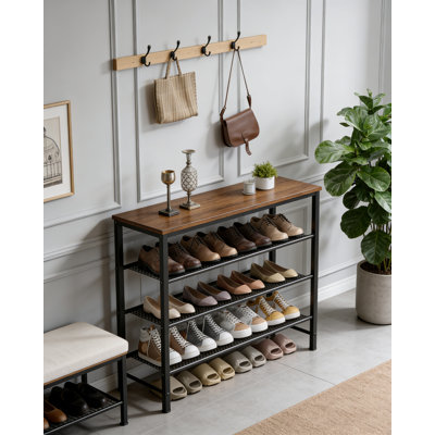 Shoe Rack 4-Tier With Wooden Top And Leveling Feet, Rust-Resistant Metal Shoe Shelf For Closet Entryway Bedroom