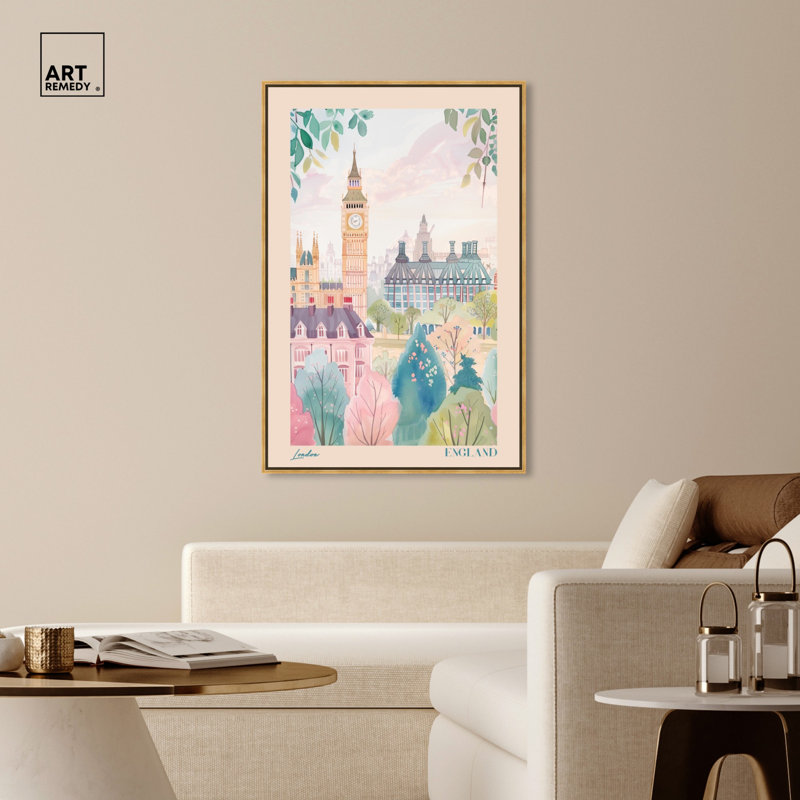 «Soft Spring London», toile de voyage par Art Remedy, Cadre doré, H 55 po x l 37 po