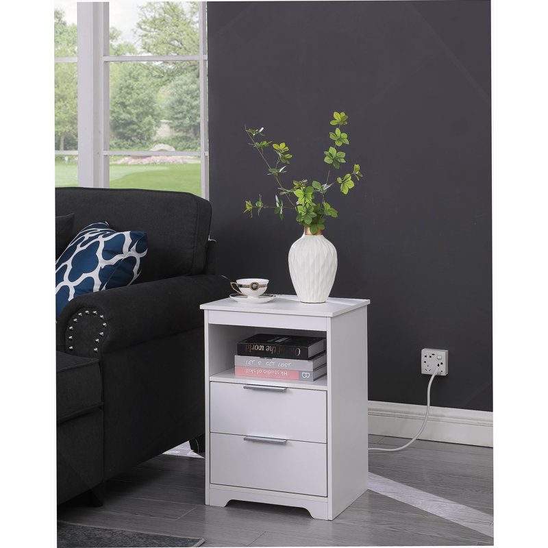 Table de chevet avec station de charge, table de bout à 2 tiroirs, table de bout en bois avec tiroir et tablette d'ouverture, table d'appoint pour chambre à coucher, blanc