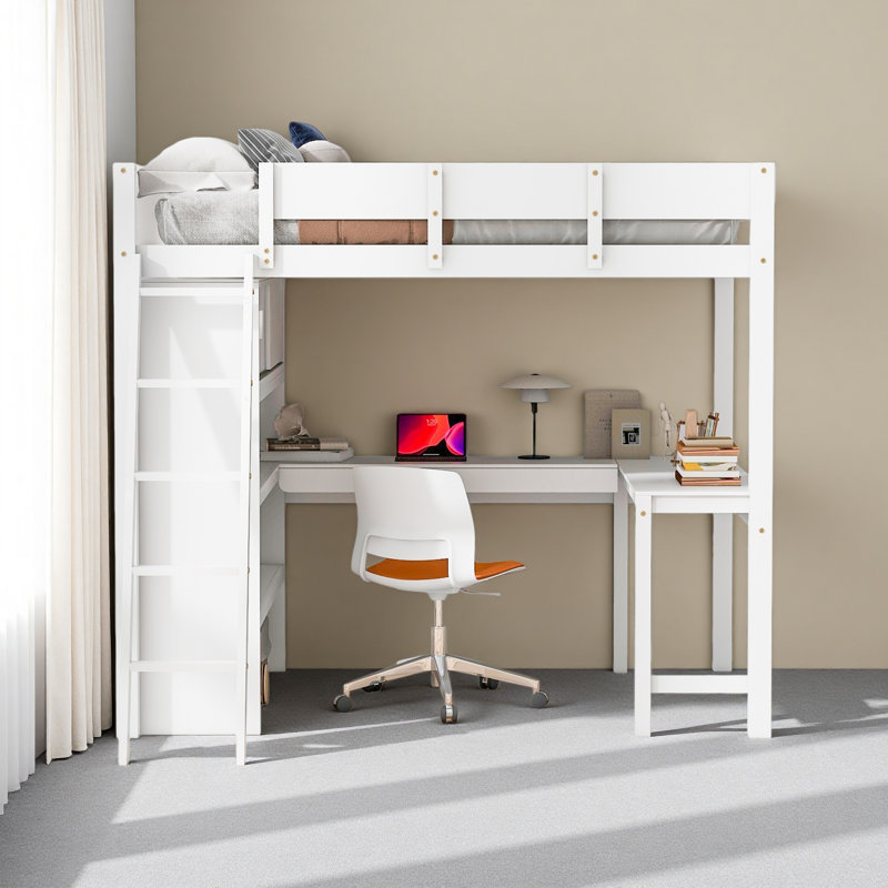 Lit mezzanine double avec bureau et tablette, Blanc
