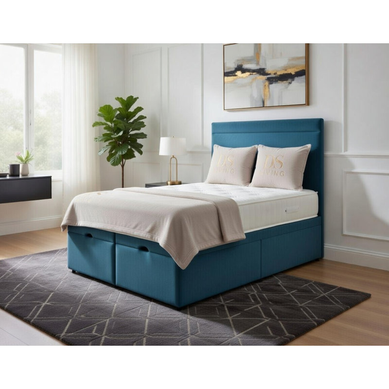 Upholstered Ottoman Bed, Sky Blue, Double