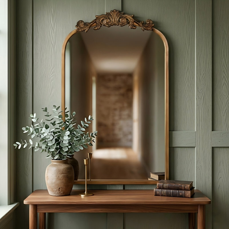 Gold Vintage Wall Mirror, 19 x 31" Antique Baroque Ornate Frame, Arched Decorative Brass Mirror for Bathroom Vanity, Fireplace Mantle, Living Room & Entryway, Victorian Style Home Decor