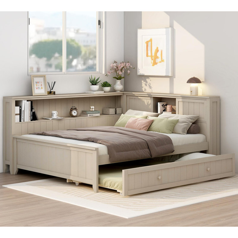 Lit de jour en bois antique blanc avec tablettes de rangement et lit gigogne