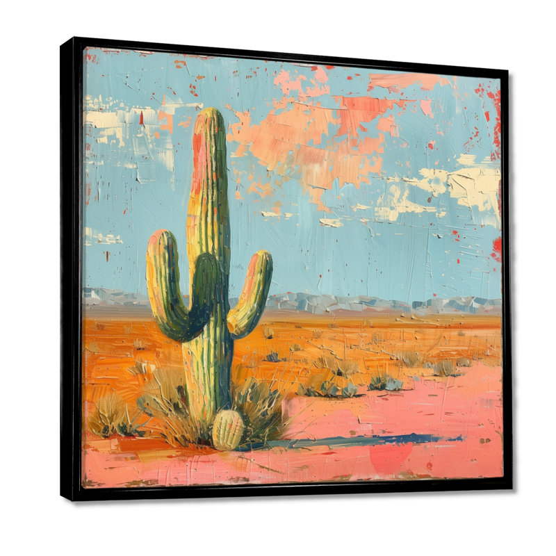 Cactus rétro rose du sud-ouest - Cactus, art mural, H 36 po x l 36 po x P 1,5 po, Toile avec cadre flottant noir