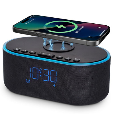 Wireless Charging Alarm Clock Radio: Qi Certified Fast Wireless Charger For Iphone Samsung - 10W Stereo Bluetooth Speaker - Dimmable Digital Clock With FM Radio For Bedroom Black