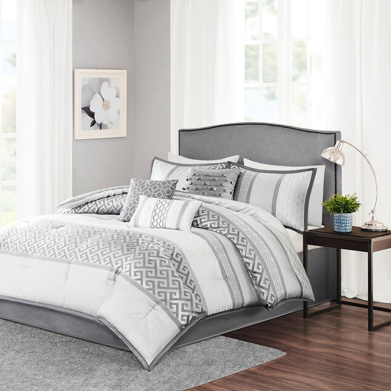 Édredon gris pour grand lit - 7 pièces avec motifs géométriques