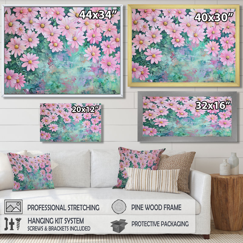 «Spring Pink Daisy Symphony II - Daisies», reproduction sur toile, Reproduction encadrée d'une seule photo sans pass, Blanc