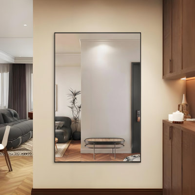 Miroir mural noir surdimensionné avec cadre en aluminium, 72 po x 48 po, corps entier, convient à la chambre à coucher et à la salle de maquillage, mesure de la qualité stricte en pouces, suspension horizontale verticale, plusieurs pièces,