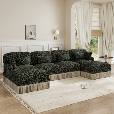 131"Modern U-Shaped Sofa,Chenille Leopard Printing,Delicate Tassel Edge, 2 Movable Ottomans,Green black