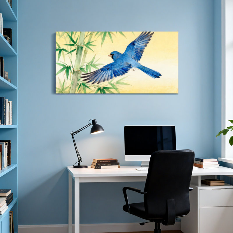 Animaux, oiseau bleu volant près de feuilles de bambou, H 16 po x l 32 po