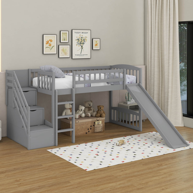 Twin Size Loft Bed With Slide, Gray