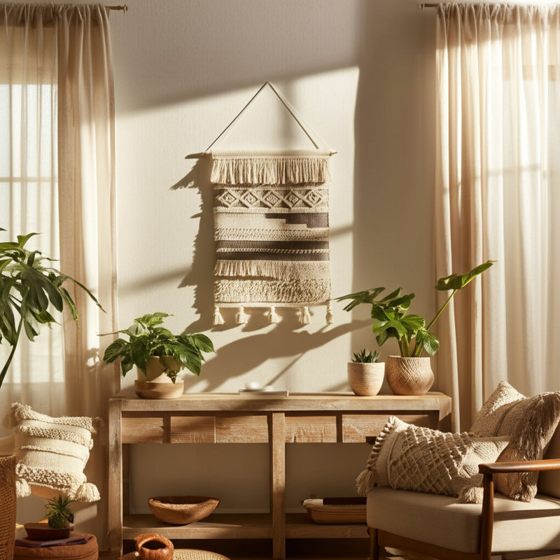 Boho Canvas Wall Hanging with Woven Cotton and Polyester Canvas Accents on Wooden Rod for Textured Layered Look