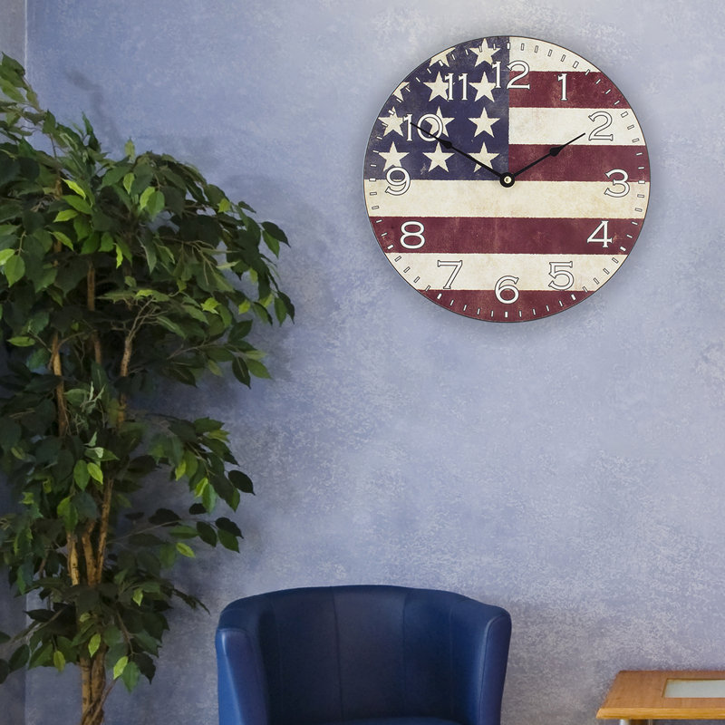12-Inch Americana Flag Wood Round Analog Wall Clock
