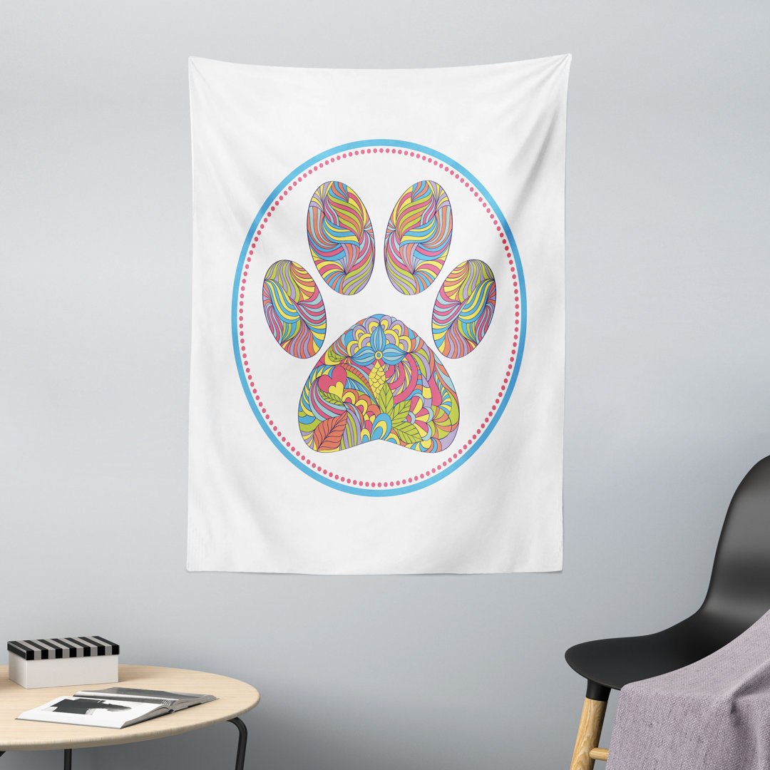 Wandteppich, Hippie Zentangle Paw Print, Weiß und Multicolor