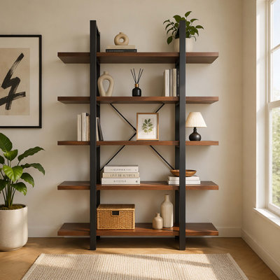 5-Tier Industrial Open Etagere Bookcase, Rustic Engineered Wood with Black Steel Frame Freestanding Long Display Storage Shelf for Living Room Home Office