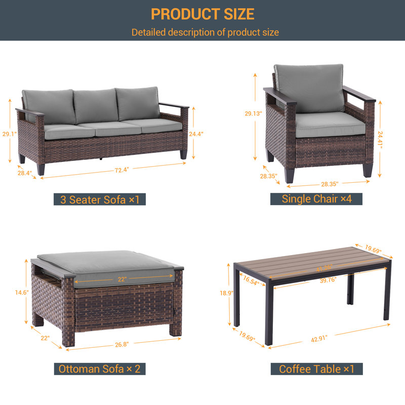 Ensemble de conversation de patio 8 pièces avec table basse Prestwich, Gris