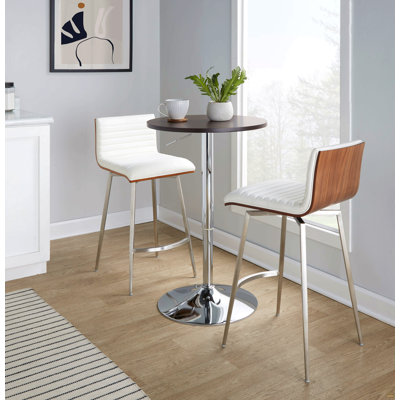 Swivel Mid-Century Modern Counter Height Dining Set With Adjustable Table In Chrome Metal, Brown Wood Tabletop, Stainless Steel And White Faux Leather  - 3 Piece