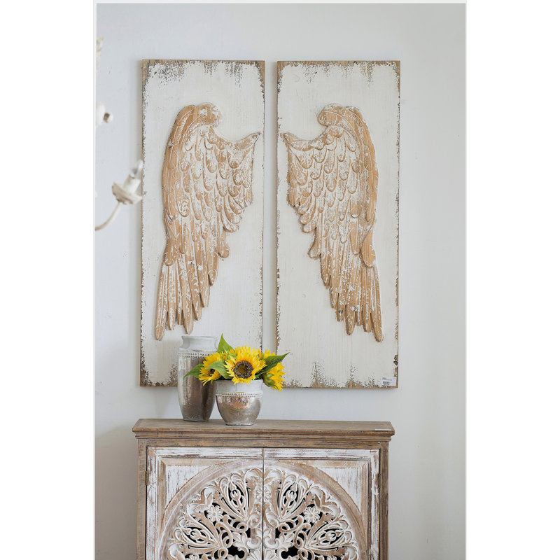 Ensemble de 2 panneaux muraux à oreilles en plumes avec finition blanche patinée, art mural suspendu, 42 po x 15,5 po
