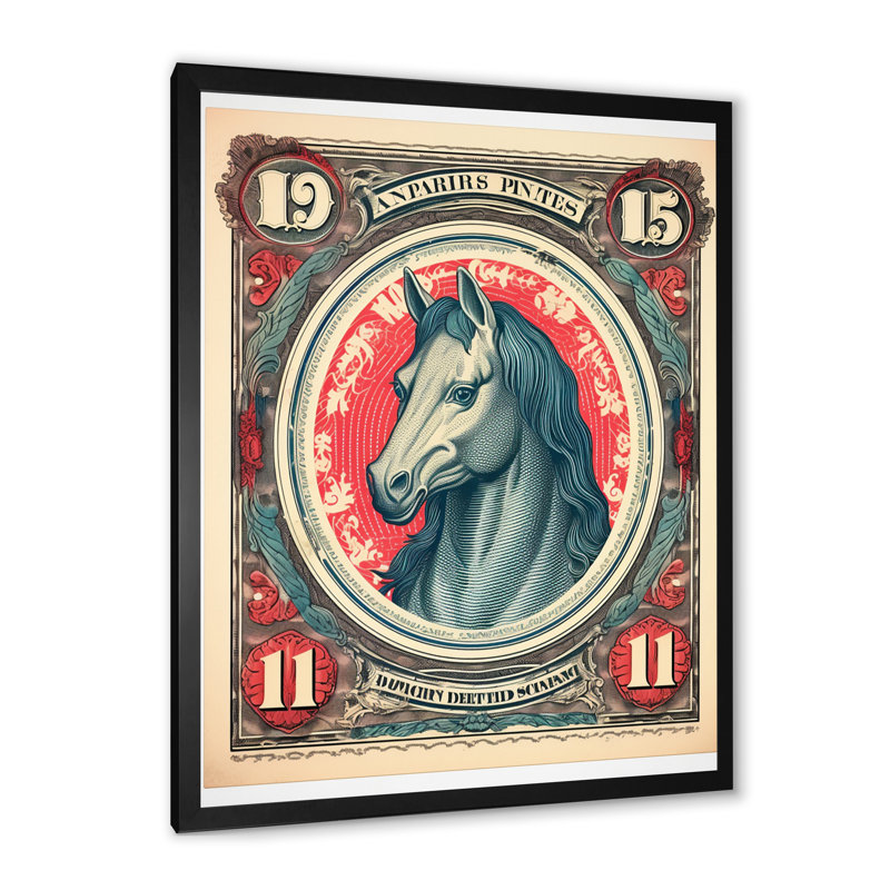 Timbre rétro, portrait d'un cheval - reproduction, H 44 po x l 34 po x P 1,5 po, Cadre simple noir